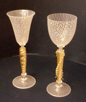 antiquariato: Couple of Murano reticello goblets, Murano