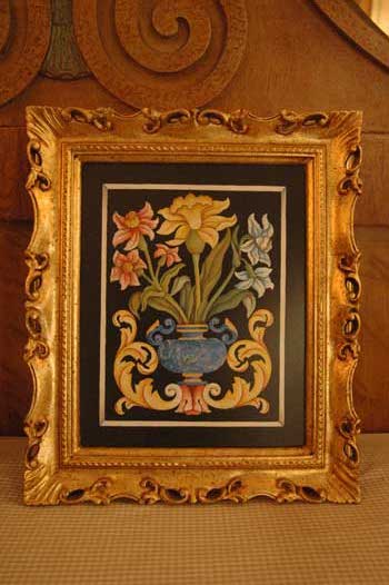 antiquariato: Small picture in scagliola, colored and gold frame