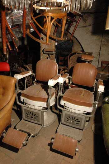 A couple of barber chairs, in porcelain and brown leather, AURORA