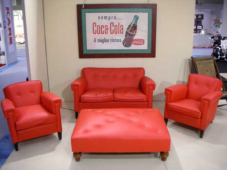 Red leather sofa, 2 armchairs, big pouff